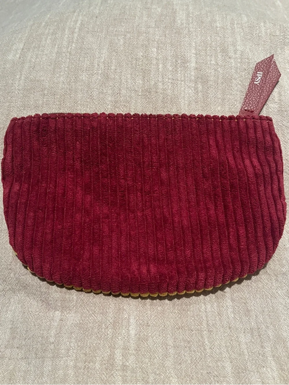 ipsy Mustard Yellow & Red-Brown Ribbed Corduroy Makeup Pouch